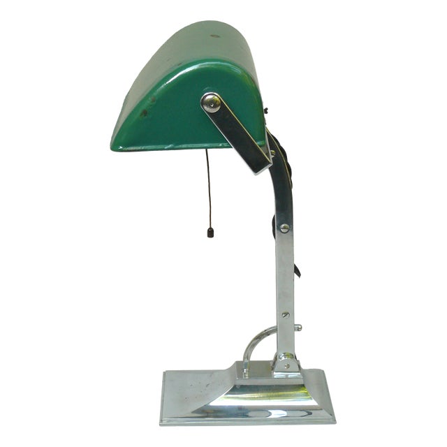 Art Deco Bankers Lamp in Chrome-Plated and Green Enameled Shade, 1920s For Sale
