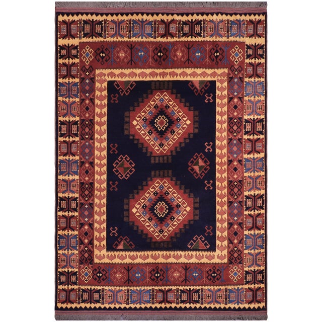 Rustic Kargahi 1980's Blue/Gold Wool Rug - 6'3'' X 9'6'' For Sale - Image 9 of 9