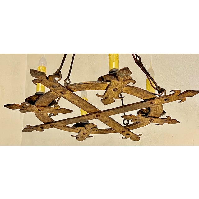 1930s Spanish Revival Hand Forged Gilt Iron 4 Lite Chandelier- Circa 1930 For Sale - Image 5 of 11