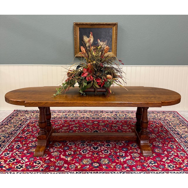 UNIQUE and BEAUTIFUL Antique French Country Solid Oak Monastery Farmhouse Dining Table with Double Baluster Trestle Base...