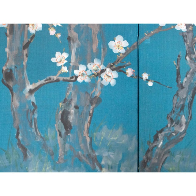 Wood C. 1970s Japanese Style Silk Screen "Blossoming Cherry Tree" For Sale - Image 7 of 18