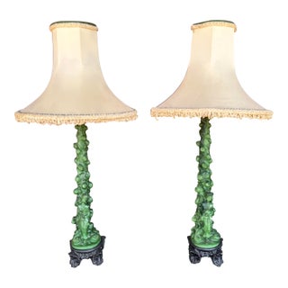 Mid 20th Century Pair of Chinoiserie Style Faux Jade Table Lamps For Sale