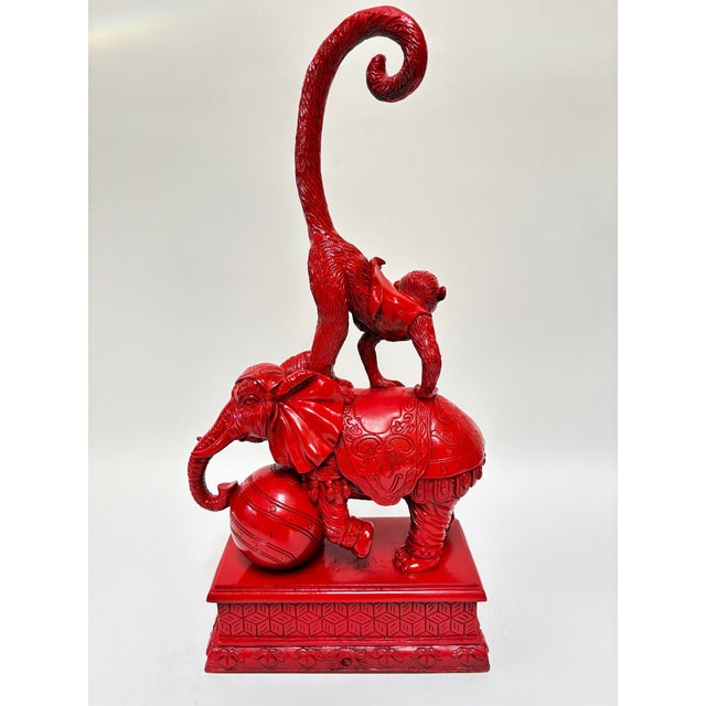Hollywood Regency Chinoiserie Red Elephant & Monkey Sculpture Glossy Resin 1970s For Sale - Image 11 of 15