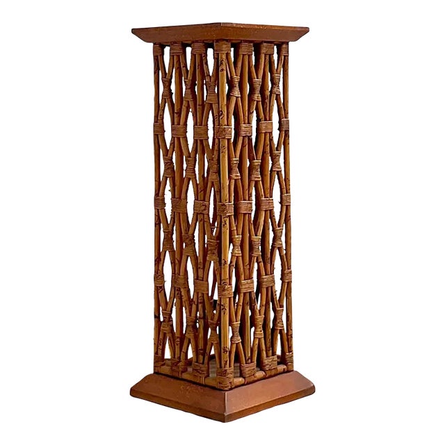 Vintage Coastal Trellis Rattan Pedestal For Sale