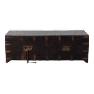 Vintage Dark Wood Indian Storage Chest With Brass Plate Joinery and Key For Sale