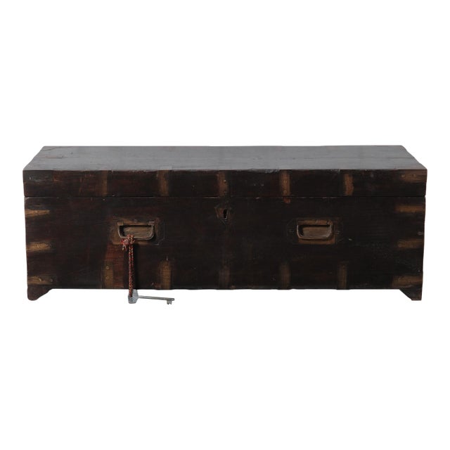 Vintage Dark Wood Indian Storage Chest With Brass Plate Joinery and Key For Sale