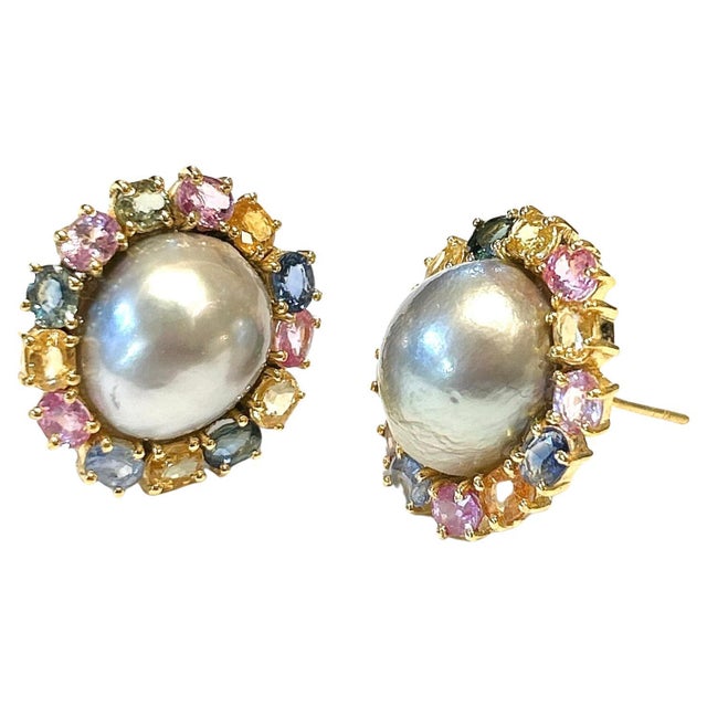 Bochic "Orient" Vintage Pearl & Multi Fancy Sapphire Earrings Set 18K Gold&Silver For Sale - Image 17 of 18
