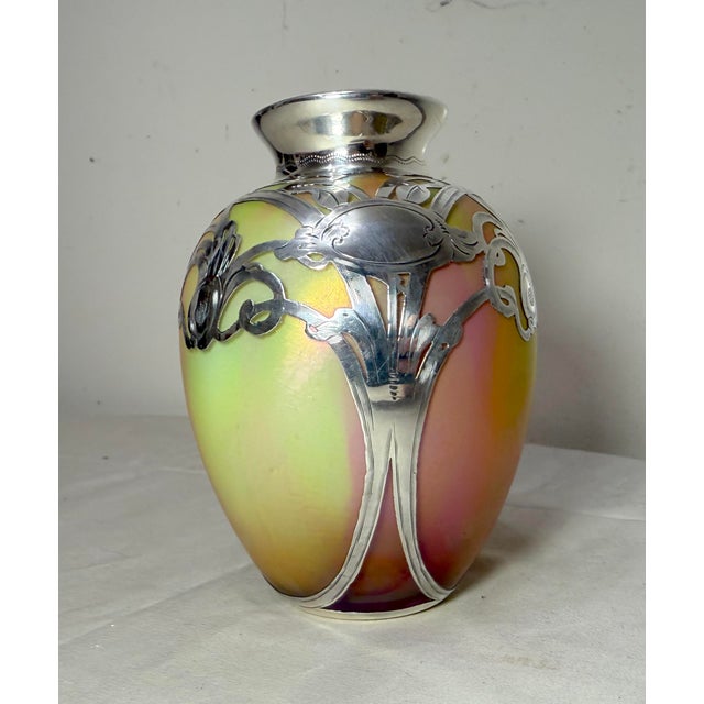 1920s Antique Hand Blown Loetz Candia Silberiris Sterling Silver Overlay Glass Vase For Sale - Image 5 of 14