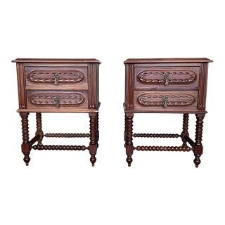 Pair of French Chestnut Bedside Nightstands With Two Drawers, Late 19th Century For Sale