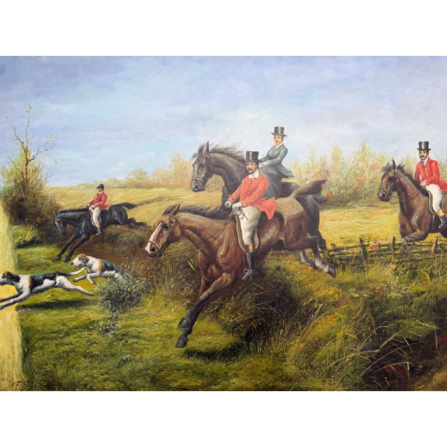Green Huge Equestrian Fox Hunt Oil Painting, English Hunting Scene Art, Framed, Signed For Sale - Image 8 of 15