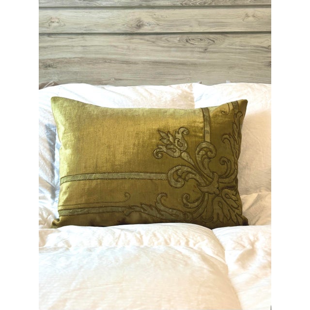 Late 19th Century Antique Acid-Green Crushed Silk Velvet Applique Bolster Pillow. For Sale - Image 5 of 7