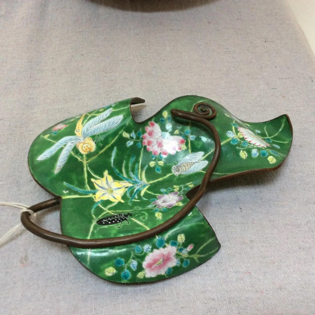 Enamel on Copper Green Leaf Dish For Sale - Image 4 of 5