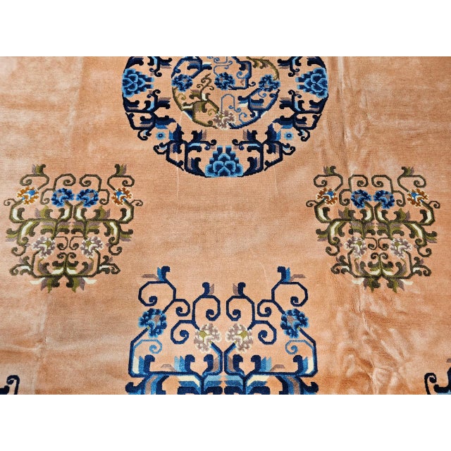 Early 20th Century Art Deco Chinese Rug, Handwoven Wool Pile, Apricot & Navy, Lotus Motif, 8' x 11' For Sale - Image 17 of 18