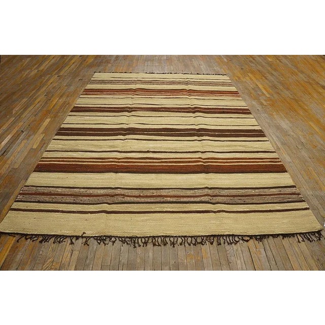 American 1940s Camel Red Stripe Mid Century Modern Antique American Rag Rug 8' 5'' X 11' 10'' Flatweave Carpet For Sale - Image 3 of 9