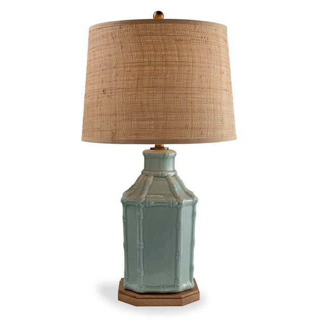 English Amelia Celadon Bamboo Birdcage Lamp with Raffia Shade For Sale - Image 3 of 4