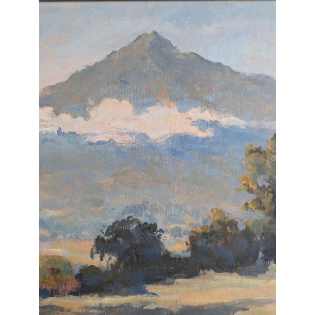 Mount Tamalpais with a road and trees in the foreground. Oil on board, signed lower right "S. Painter." Gold frame with a...
