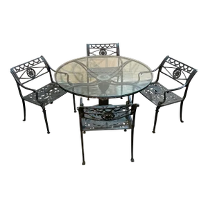 Early 21st Century Neoclassical Cast Aluminum & Glass Patio Table & 4 Chairs