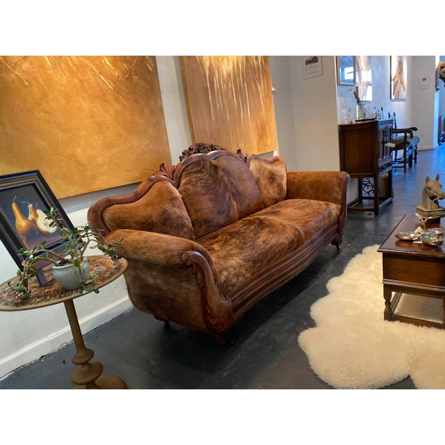 French Settee- Vintage French Country- 1800s-Reupholstered Brindle Cowhide For Sale In Columbia, SC - Image 6 of 10