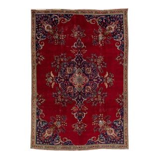 1960s Vintage Persian Tabriz Handmade Medallion Red Wool Rug For Sale