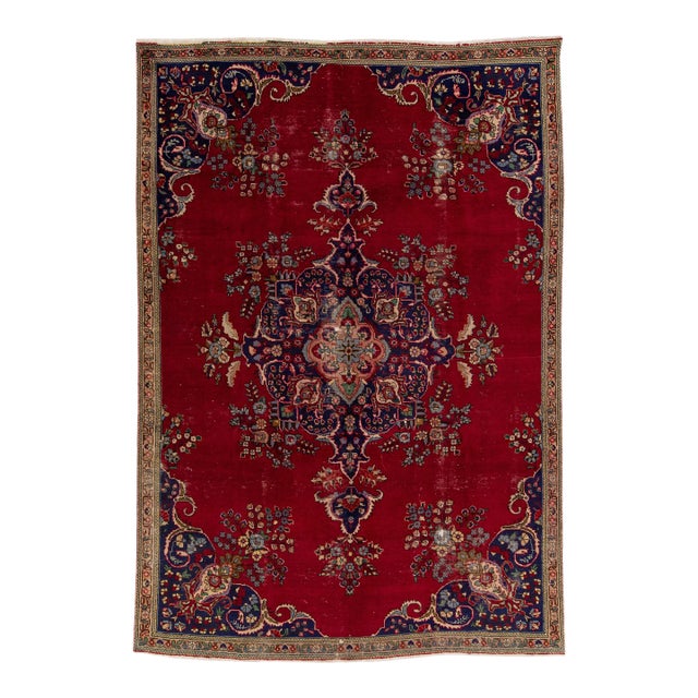 1960s Vintage Persian Tabriz Handmade Medallion Red Wool Rug For Sale