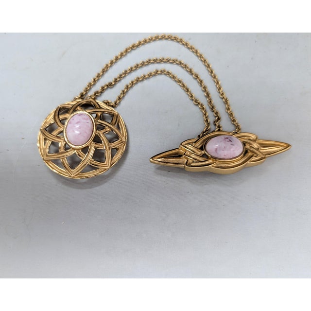 1980s Vintage 1980s Signed Monet Goldtone Pink Cabochon Chatelaine Brooch For Sale - Image 5 of 9