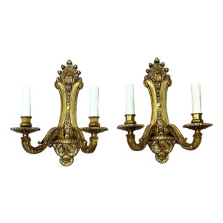 Pair of Louis XVI Style Neoclassical Two-Light Gilt Bronze Wall Sconces, C. 1900 For Sale
