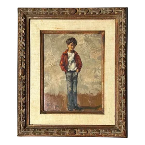 Mid 20th Century Vintage Boho Original Figural of Young Man Oil on Canvas, Framed