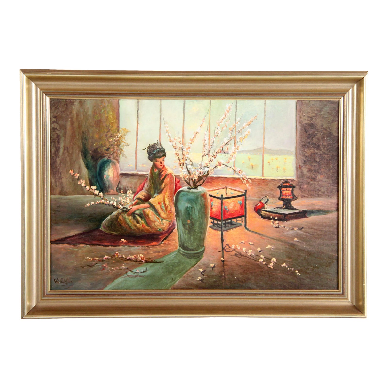 Vintage Oil on Canvas Painting Japanese Woman With Cherry Blossom Tree