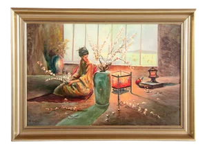 Vintage Oil on Canvas Painting Japanese Woman With Cherry Blossom Tree