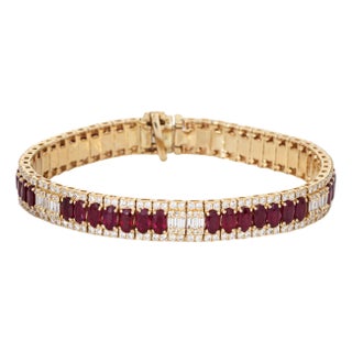 Ruby Diamond Line Bracelet Estate 14k Yellow Gold 7" Vintage Fine Jewelry For Sale