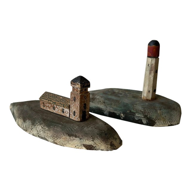 Vintage Mounted Lighthouse Architectural Sculptures With Contracted Finish, a Pair, Circa 1940s For Sale