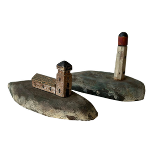 Vintage Mounted Lighthouse Architectural Sculptures With Contracted Finish, a Pair, Circa 1940s