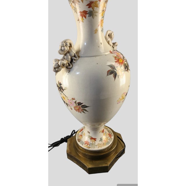 1920s Large Asian Pottery Vase Floral Foo Dogs Banquet Table Lamp For Sale - Image 4 of 11
