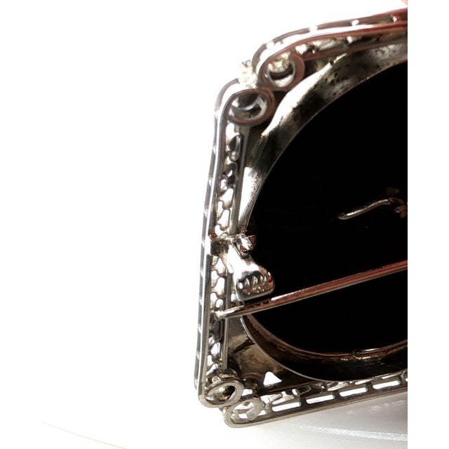 Black Mid 20th Century 14k White Gold Vintage Cameo Pin Pendant Diamond Onyx Floral Filigree For Sale - Image 8 of 9