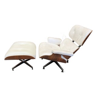 1980’s Rosewood White Leather Herman Miller Eames Lounge Chair New Ottoman For Sale