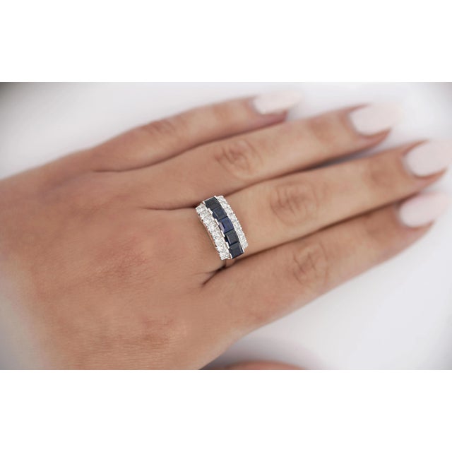 Metal Natural 2.28 Carat Blue Sapphire & Diamond Cluster 5 Stone Platinum Ring For Sale - Image 7 of 9