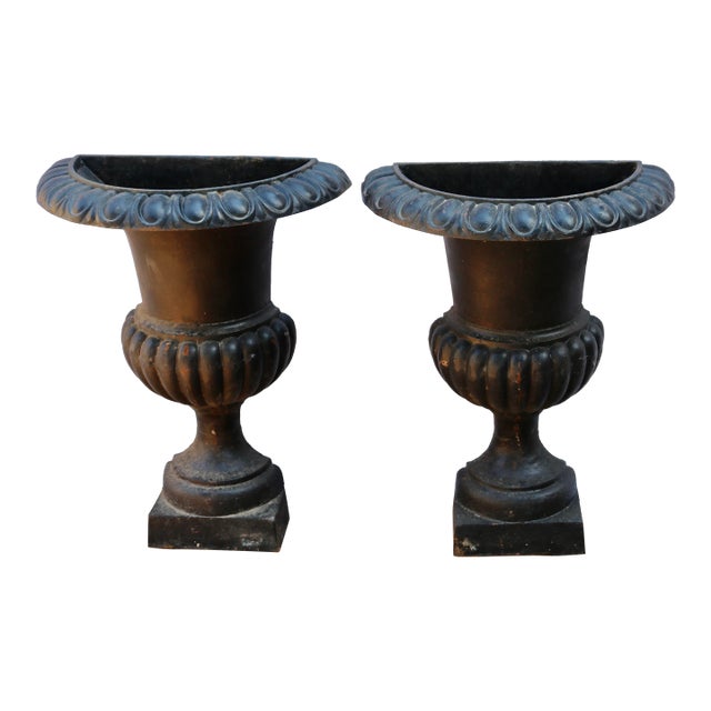 Vintage Cast Iron French Half Round Fluted Wall Planters - A Pair For Sale