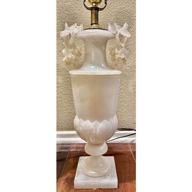 Alabaster 1920s Large Pair of Hand-Carved French Alabaster Neoclassical Urn Table Lamps For Sale - Image 8 of 18