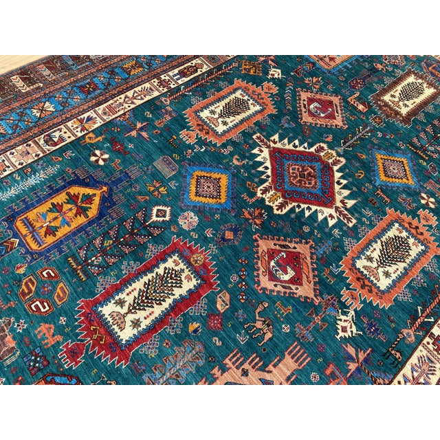 Vintage Teal Wool Kazak-Style Tribal Rug 9 X 13 For Sale - Image 16 of 17