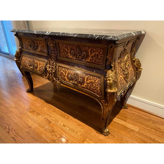 French 19th Century Antique Louis XV Style Tortoiseshell Boulle Marquetry Commode Console With Marble Top For Sale - Image 3 of 11