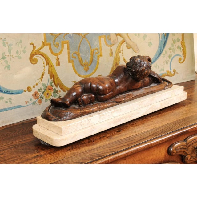 French 1880s Carved Walnut Putto Feeding a Swan Sculpted Group on Marble Base For Sale - Image 9 of 12