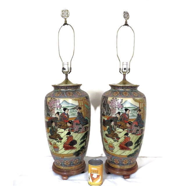 FREE SHIPPING ANYWHERE IN THE CONTINENTAL US! This is a set of TALL porcelain Japanese Satsuma table lamps with wonderful...