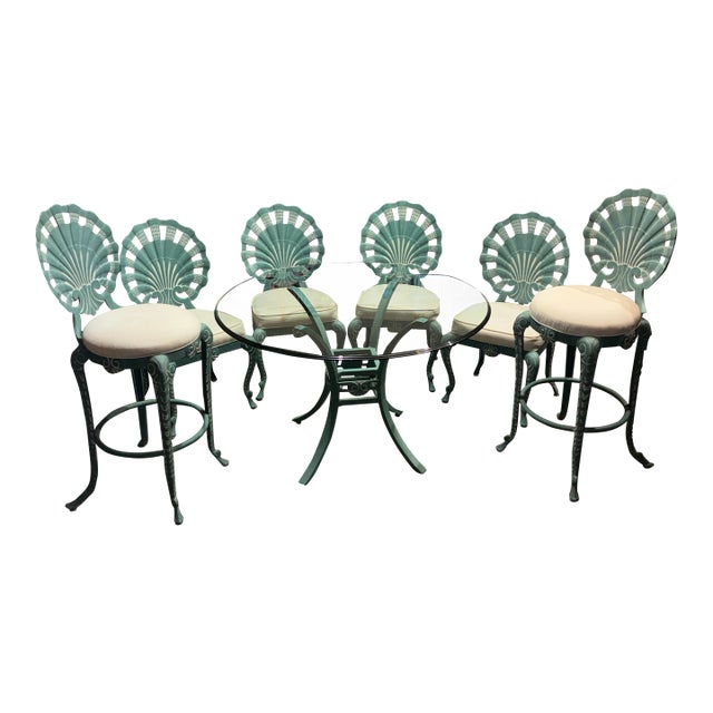 Hollywood Regency Veneman Cast Aluminum Clamshell Patio Set With Tags, Four Chairs, Bar Stools, and Glass Pedestal Table, 7 Pieces For Sale