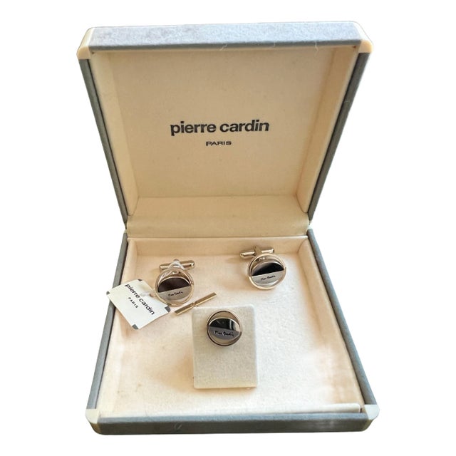 Vintage PIERRE CARDIN Steel & Gold Plate Logo Cufflinks, Original Case Circa1960 For Sale