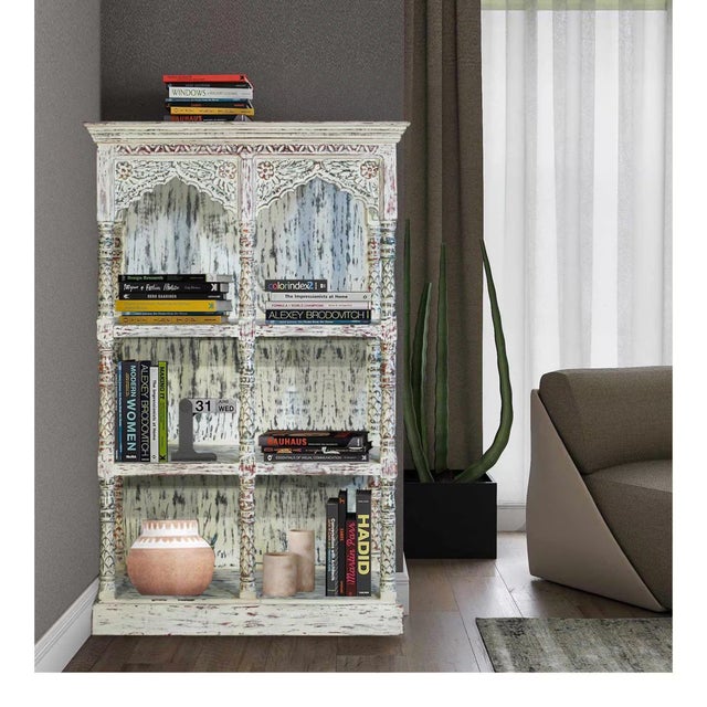 Wood Mid 19th Century Handcrafted White Washed Wood Bookcase | Arched 3 Tier Open Shelf Cabinet | Farmhouse Storage Display Unit For Sale - Image 7 of 7