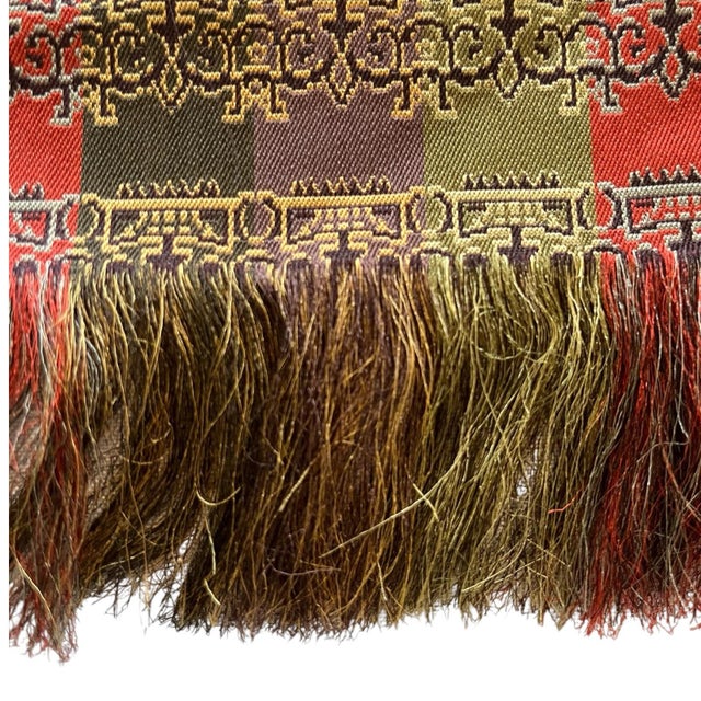 Japanese Vintage Tatsumura Art Textiles Brocade 100% Silk Table Runner Lion Pattern Japanese Tea Ceremony Chabusa Cloth Red Green Fringed Fall For Sale - Image 3 of 5
