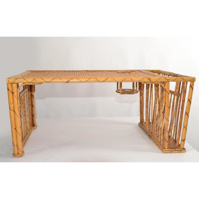 Ficks Reed 1970s Bohemian Handwoven Reed Caning Bamboo Breakfast Bed Tray Table Cup Book Holder For Sale - Image 4 of 12