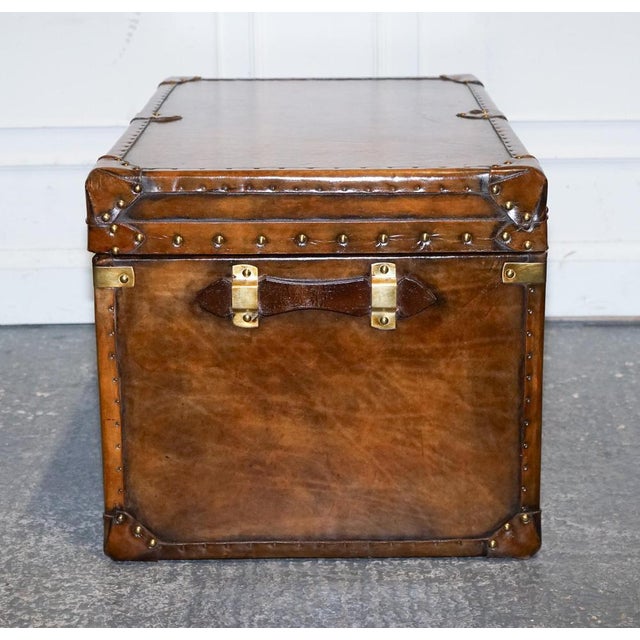 Vintage Hand-Dyed Brown Leather Lockable Storage Steamer Trunk For Sale - Image 11 of 18