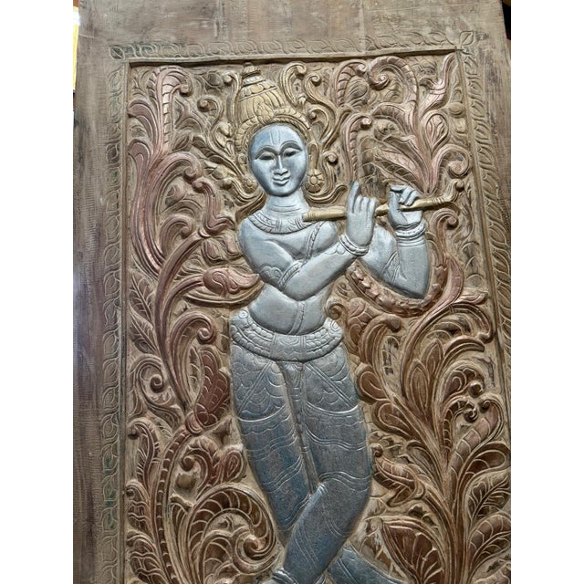 1920s Antique Hand-Carved Wooden Krishna Relief Panel With Floral Motifs For Sale - Image 5 of 9