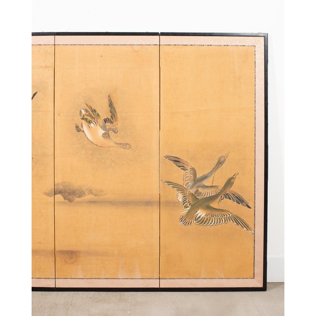 Japanese Meiji Four Panel Screen Ducks and Geese in Flight For Sale - Image 4 of 18